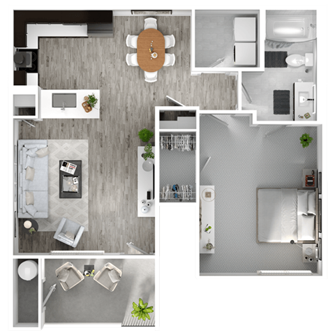 Floor plan for 1 bed, 1 bath, 898 sqft